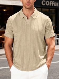 Close-up of khaki stripe knit texture and V-neck polo design on a man in outdoor setting