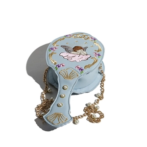 Baroque style light blue hand-mirror shaped bag with angel embroidery and pearl strap