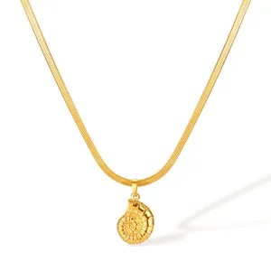 Niche Design Stainless Steel Nautilus Shell Pendant Necklace For Women Gold Plated Herringbone Snake Chain Ocean Series Jewelry