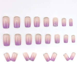 Purple gradient press-on nails with silver glitter French tips, 24-piece full set