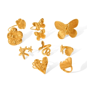 Golden stainless steel open rings collection with butterfly, heart and floral designs