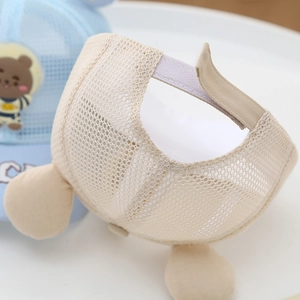 Detail of adjustable velcro strap and breathable mesh on baby cartoon bear cap