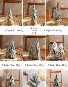 Detail view of flocked snowy mini Christmas trees in Style B, C and D for desk decor
