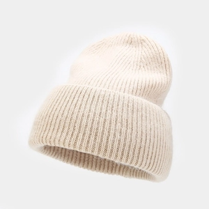 Beige angora rabbit hair knit beanie with vertical stripes and thick fold-over cuff