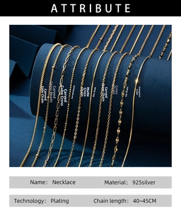 Detailed view of ten 925 silver necklace chain styles displayed on a blue stand