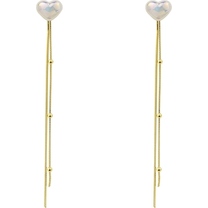 Elegant gold tassel heart earrings featuring iridescent opal-like stones and pearls