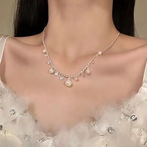 Water Drop Artificial Pearl Pendant Necklace Elegant Zircon Fringe Clavicle Chain For Women Fashion Jewelry Alloy Silver Tone