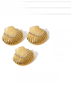 Detailed view of gold shell earrings with cubic zirconia and stainless steel material list