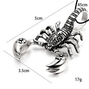 Silver scorpion pendant necklace for men in rock punk style on white background