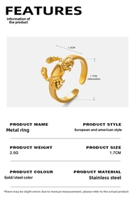 Détails de la bague crabe dorée réglable avec dimensions 1,7 cm et poids 2,5 g