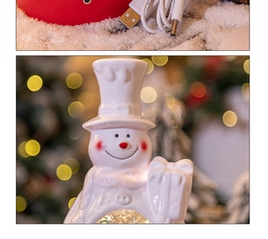 Detailed view of a white snowman Christmas music box with USB charging cable and lights