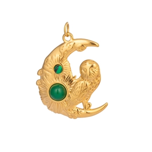 Detailed view of 18K gold crescent moon pendant with green gemstone and owl ornament