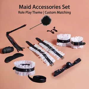Maid themed 9-piece adult accessory set with lace leather cuffs and whip in black and white