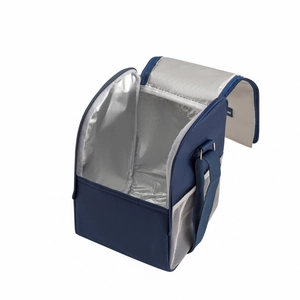Insulated blue lunch bag with thick aluminum foil lining and adjustable shoulder strap