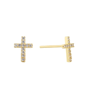 Vintage gold cross earrings for women featuring sparkling zircon stones on a white background