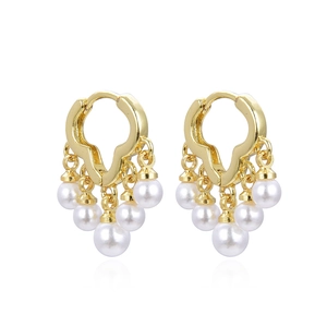 Elegant gold hoop earrings with cascading white pearl tassels in a cloud-like design