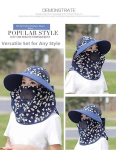Detail of navy blue sun hat with floral face mask and breathable neck protection flap