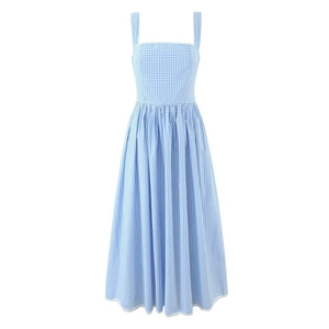 Blue and white plaid midi dress with high waist, A-line skirt and white lace trim