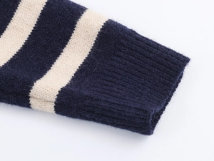Macro shot of striped knit sweater cuffs with ribbed details and plush wool texture