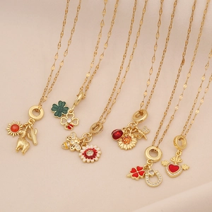 Stainless Steel Gold Plated Pendant Necklace With Enamel Clover Ladybug Bee Daisy Heart Charms Fashion Jewelry Women