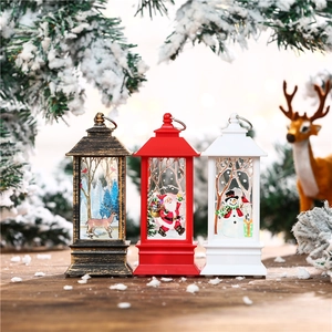 Retro Christmas LED lanterns with Santa and reindeer motifs on rustic wooden background