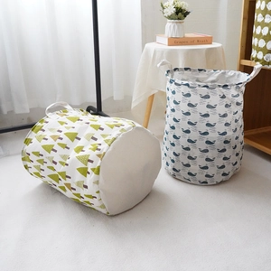 Foldable large cotton linen laundry hampers with whale and pine tree patterns
