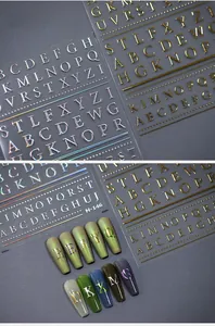 Detailed 3D metallic letter nail stickers M-146 with gold and holographic embossing effects
