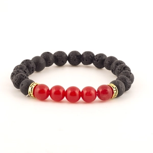 Natural volcanic lava stone and red agate beaded bracelet with gold spacers for men and women.