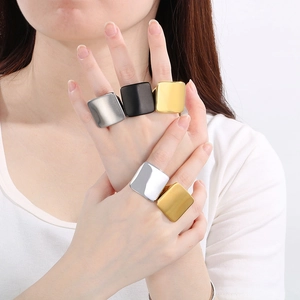 Five-piece set of chunky stainless steel square rings in gold, silver, and black finish