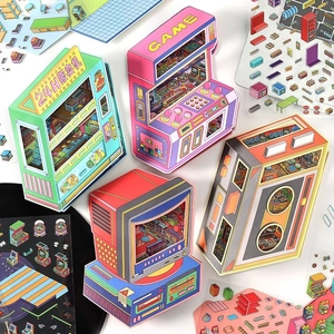 Retro pixel art 3D stickers featuring arcade machines and vending machine designs