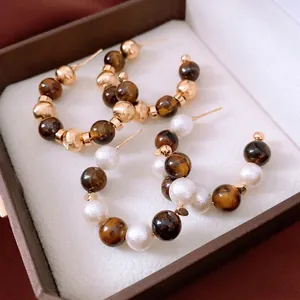 Vintage Tiger Eye Beaded Hoop Earrings With 925 Sterling Silver Earring Post Elegant C Shaped Retro Jewelry For Women