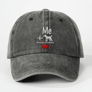 Detailed embroidery of Me text and red heart on dark grey washed cotton baseball cap