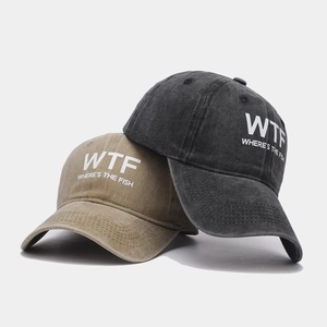 Vintage washed cotton baseball cap with WTF lettering in khaki and dark grey