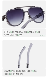 Detailed view of punk style pilot sunglasses with gray metal frame and purple gradient lenses