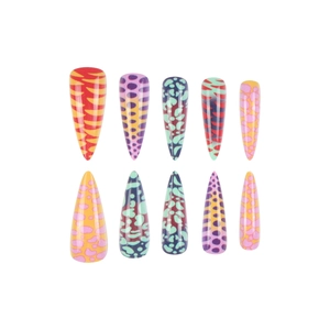 Colorful stiletto press-on nails set with vibrant animal prints and assorted patterns