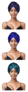 Three-color silk satin sleep hats in dark purple, royal blue, and forest green set