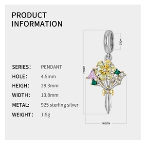 Macro view of S925 silver flower bouquet pendant with dimensions and 925 hallmarks