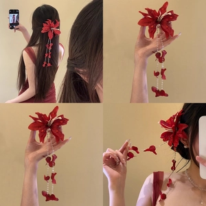 Red Spider Lily Flower Hair Clip Fabric Manjusaka Long Tassel Beaded Duckbill Clip Retro Elegant Accessory For Women