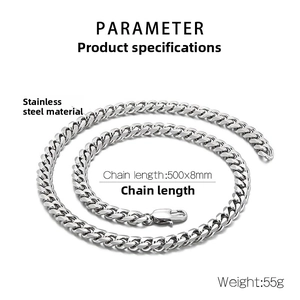 Detailed view of silver stainless steel cuban chain necklace showing 8mm width and 500mm length
