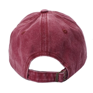 Washed vintage burgundy baseball cap with metal buckle back and six-panel construction