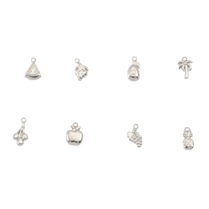 Macro view of eight silver stainless steel fruit pendants including strawberry and pineapple