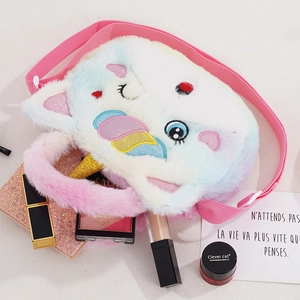 Rainbow plush unicorn crossbody bag for girls with pink strap and glitter details