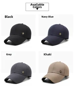 Detail view showing four colors of baseball caps with shield logo in black and khaki