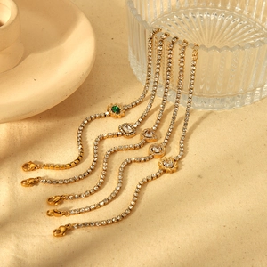Gold-plated stainless steel chain bracelets with emerald and heart zircon pendants