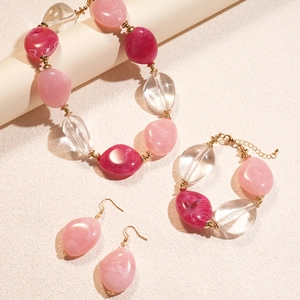 Acrylic irregular beaded jewelry set with pink marbled necklace, bracelet and earrings