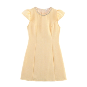 Abito Mini In Stile Tweed Dolce Con Scollo In Strass Maniche A Volant Vita Alta Elegante Vestito A Linea Per Donna