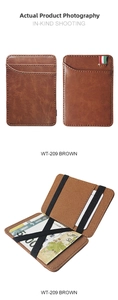 Macro detail of brown leather magic wallet WT-209 with elastic bands and vintage texture