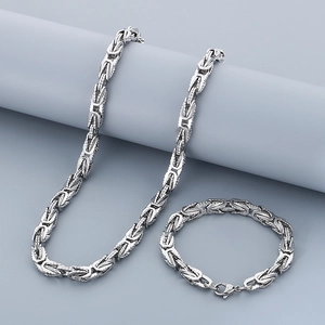 Detailed macro view of silver stainless steel Byzantine chain necklace and bracelet set