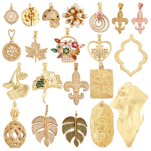 Golden micro-paved flower and leaf charms collection with colorful zircon and pearls