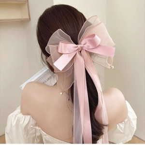 Oversized Bow Hair Clip Organza Satin Fabric Long Streamers Elegant Korean Style Spring Automatic Barrette For Women Girls